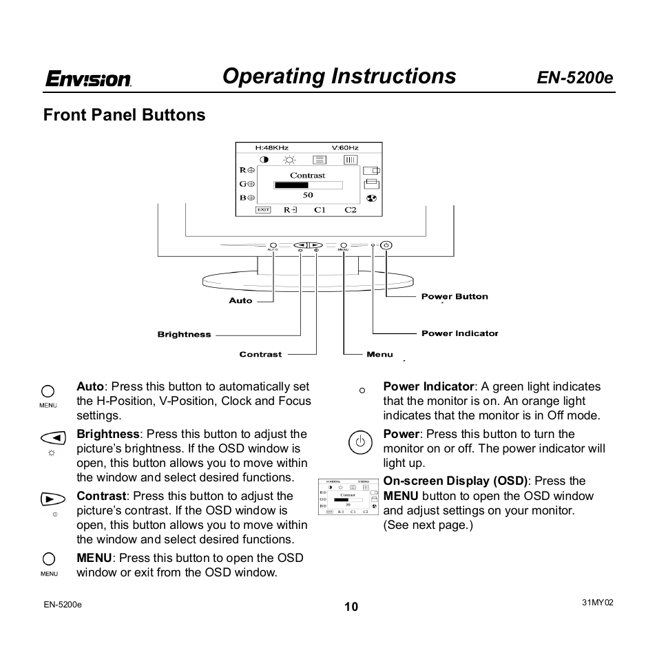 Operating instructions, En-5200e, Front panel buttons | Envision Peripherals EN-5200e User Manual | Page 10 / 21