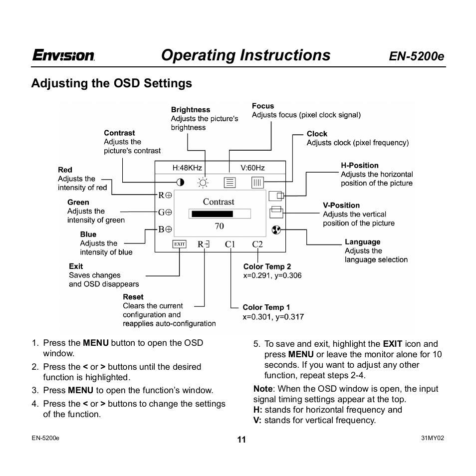 Operating instructions, En-5200e, Adjusting the osd settings | Envision Peripherals EN-5200e User Manual | Page 11 / 21