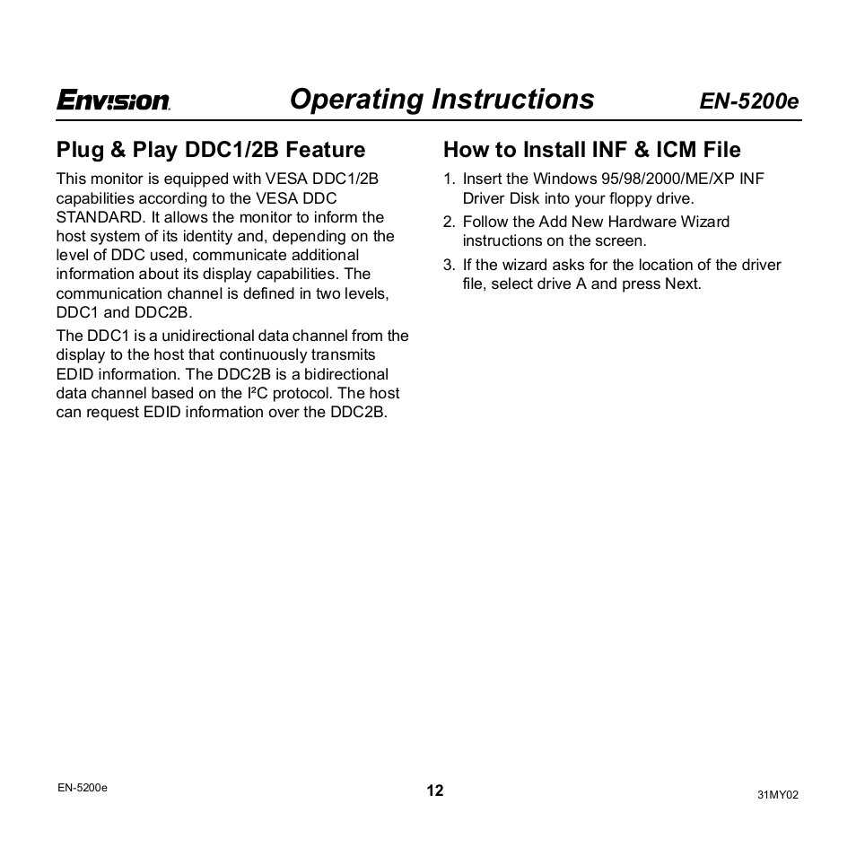 Operating instructions, En-5200e, Plug & play ddc1/2b feature | How to install inf & icm file | Envision Peripherals EN-5200e User Manual | Page 12 / 21