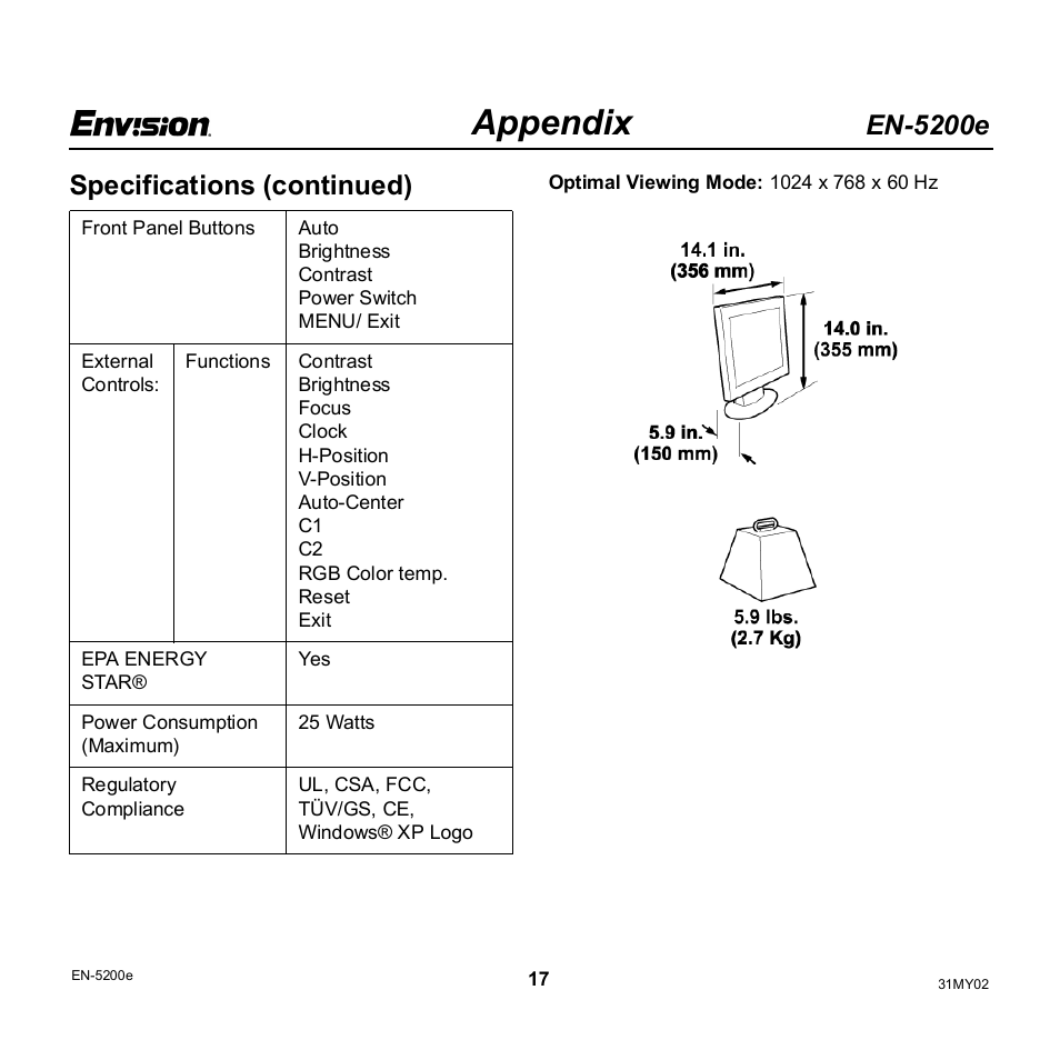 Appendix, En-5200e, Specifications (continued) | Envision Peripherals EN-5200e User Manual | Page 17 / 21