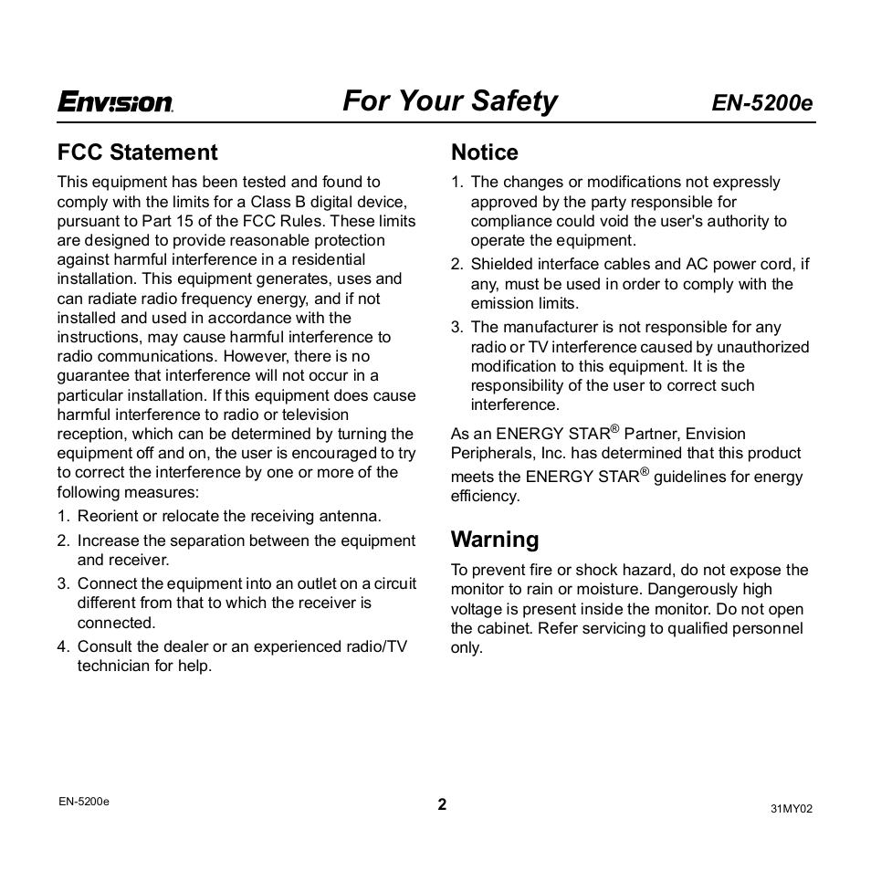 For your safety, En-5200e, Fcc statement | Notice, Warning | Envision Peripherals EN-5200e User Manual | Page 2 / 21