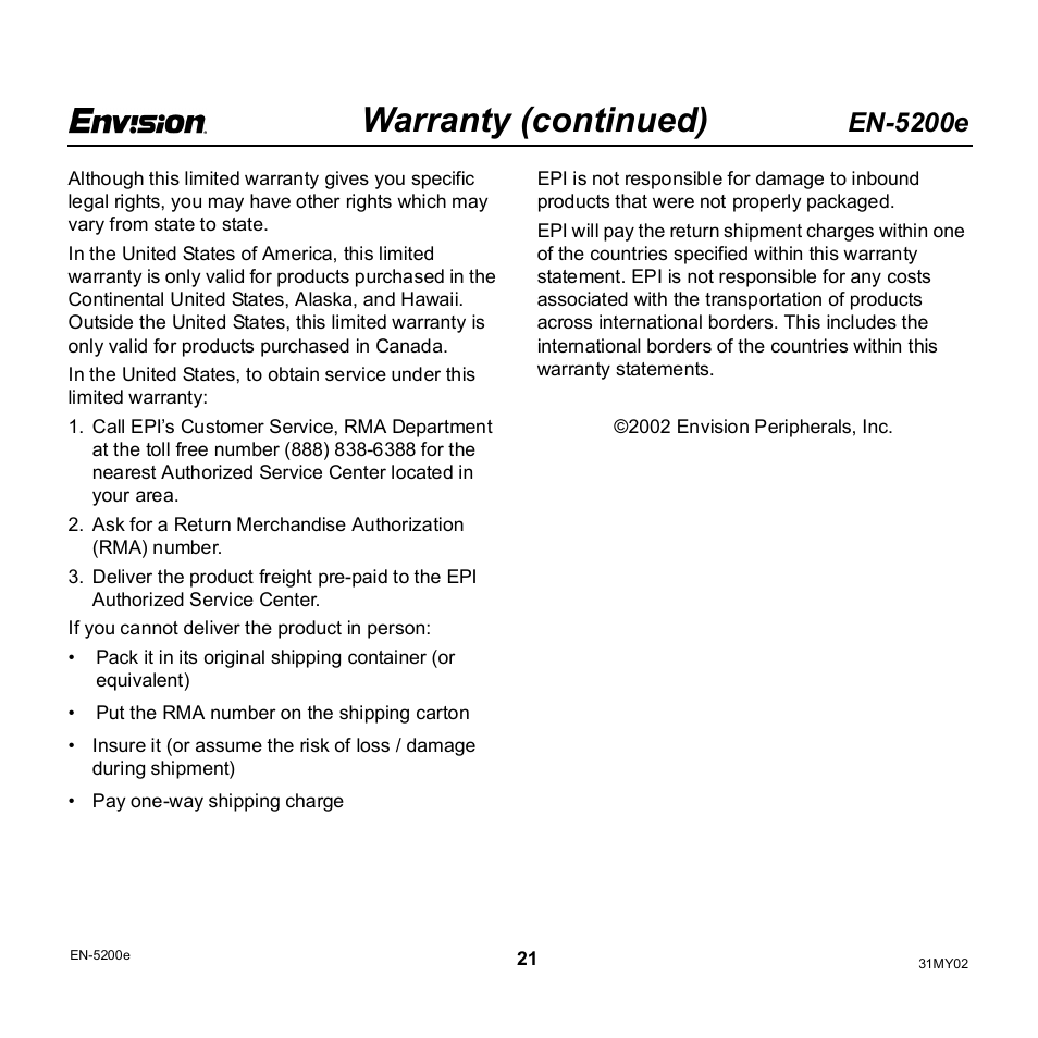 Warranty (continued), En-5200e | Envision Peripherals EN-5200e User Manual | Page 21 / 21