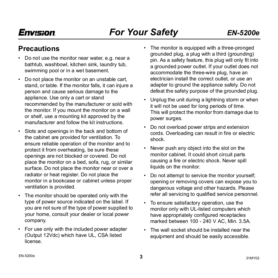 For your safety, En-5200e, Precautions | Envision Peripherals EN-5200e User Manual | Page 3 / 21