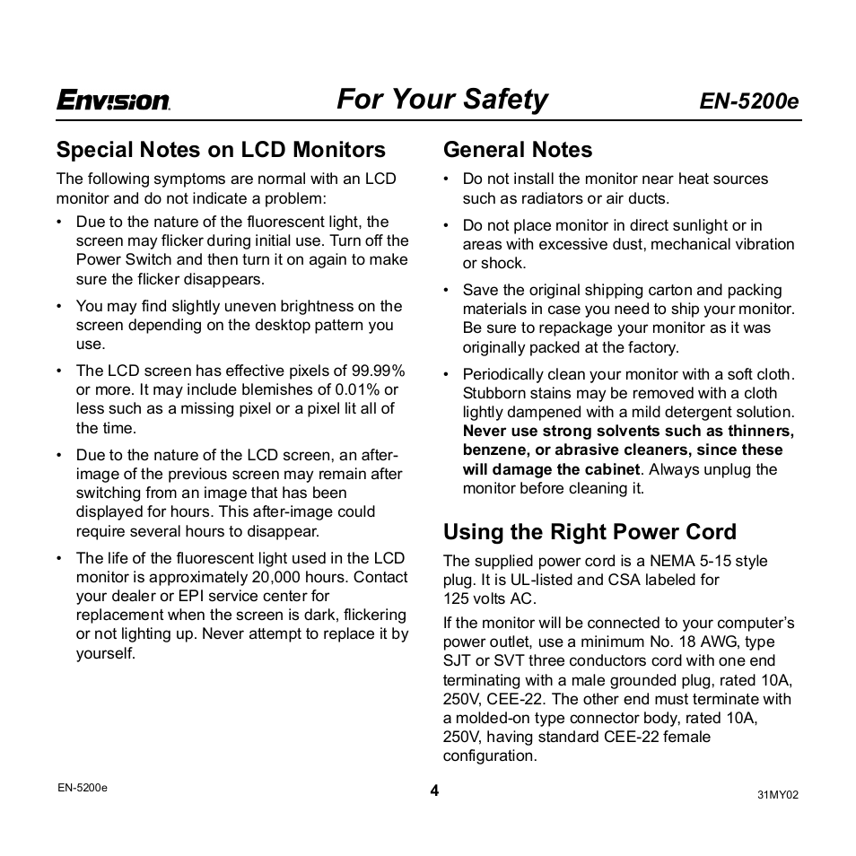 For your safety, En-5200e, Using the right power cord | Envision Peripherals EN-5200e User Manual | Page 4 / 21