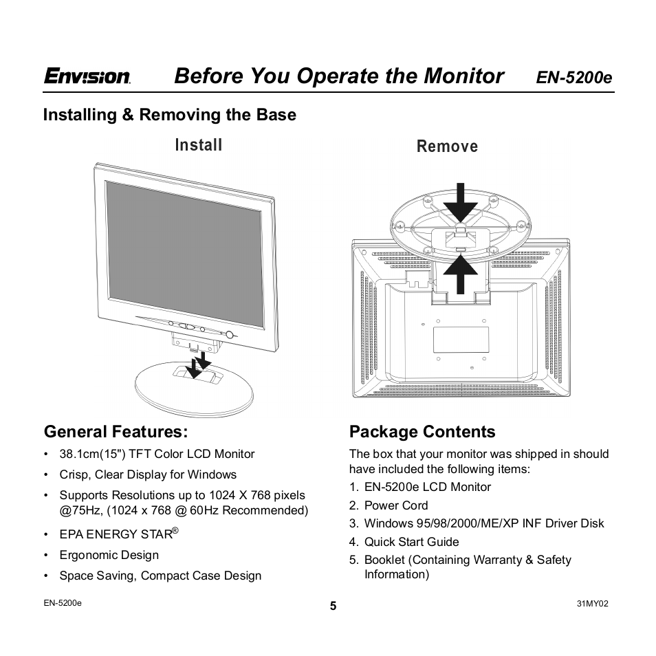 Before you operate the monitor, En-5200e, Installing & removing the base general features | Package contents | Envision Peripherals EN-5200e User Manual | Page 5 / 21