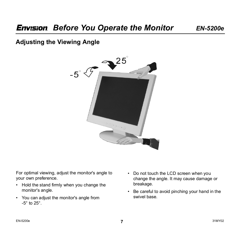 Before you operate the monitor, En-5200e, Adjusting the viewing angle | Envision Peripherals EN-5200e User Manual | Page 7 / 21