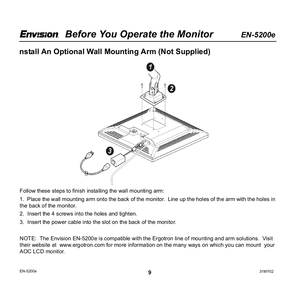 Before you operate the monitor, En-5200e | Envision Peripherals EN-5200e User Manual | Page 9 / 21