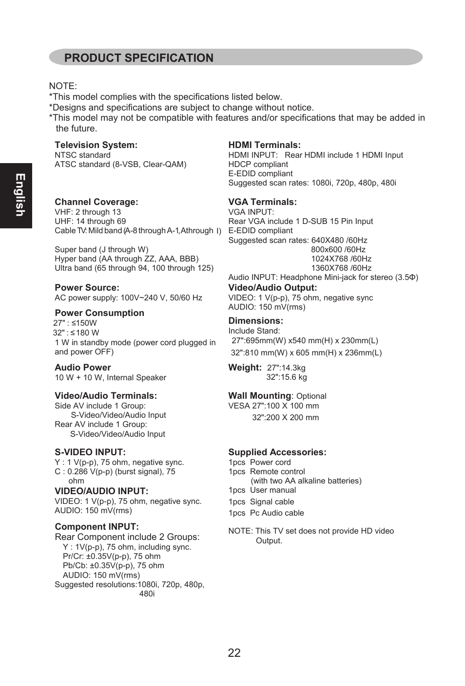English, Product specification | Envision Peripherals L32W461 User Manual | Page 23 / 79