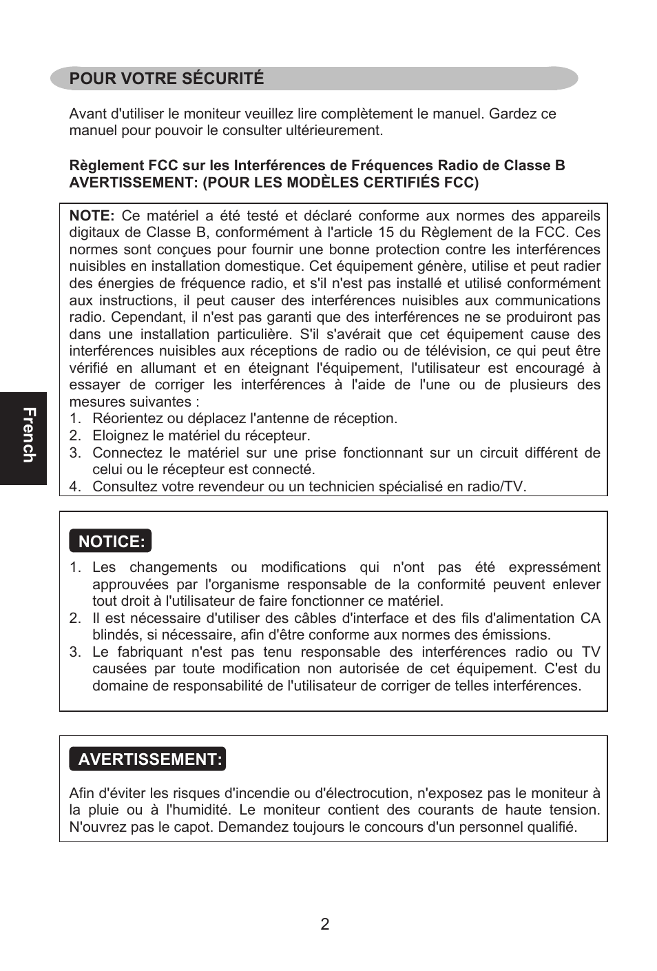 French, 2 pour votre sécurité, Notice | Avertissement | Envision Peripherals L32W461 User Manual | Page 29 / 79