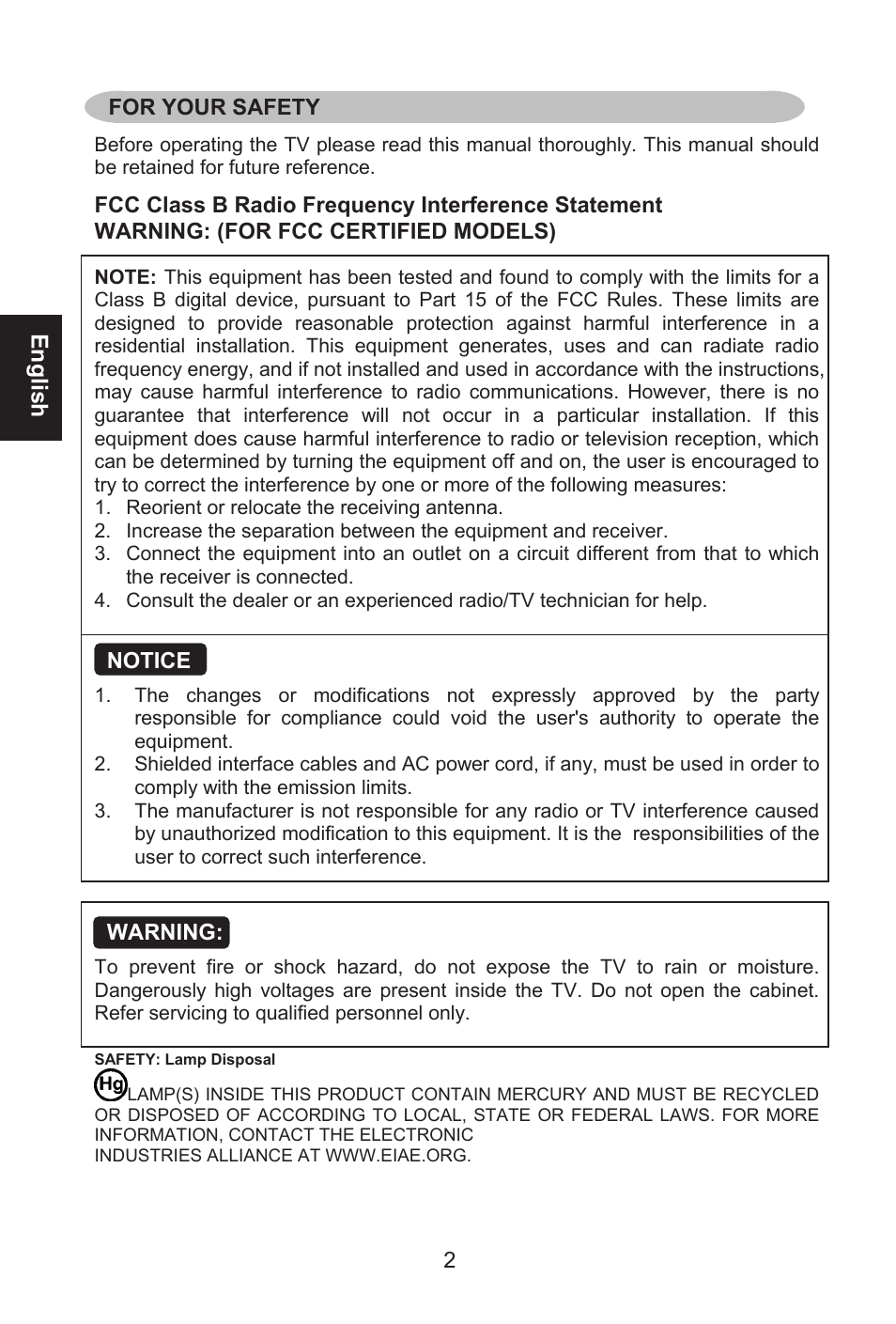English, 2 for your safety, Notice | Warning | Envision Peripherals L32W461 User Manual | Page 3 / 79
