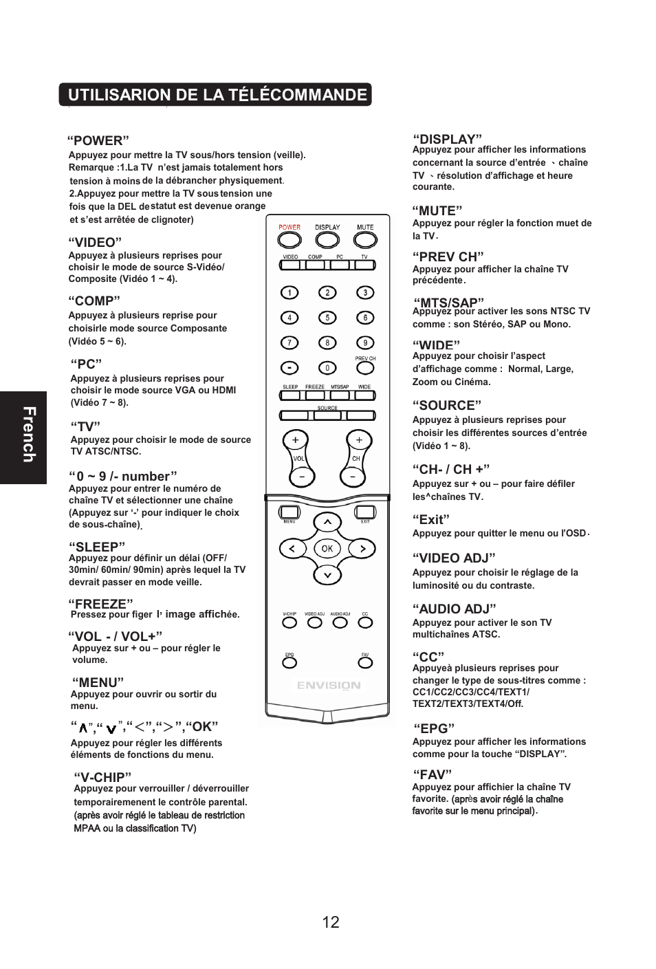 French, Utilisarion de la t l commande | Envision Peripherals L32W461 User Manual | Page 39 / 79