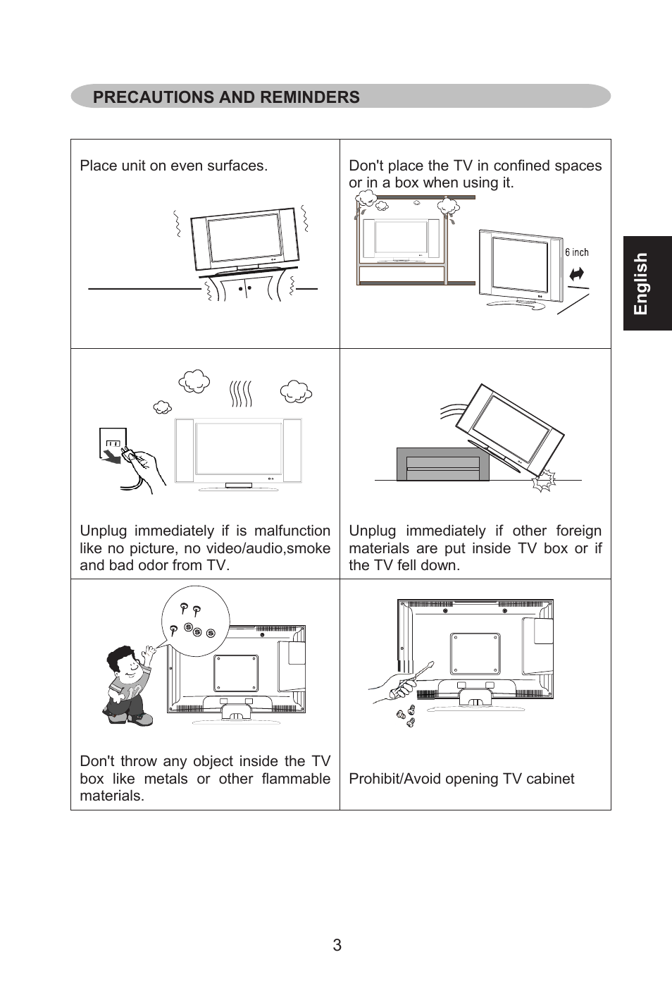 English, Precautions and reminders | Envision Peripherals L32W461 User Manual | Page 4 / 79
