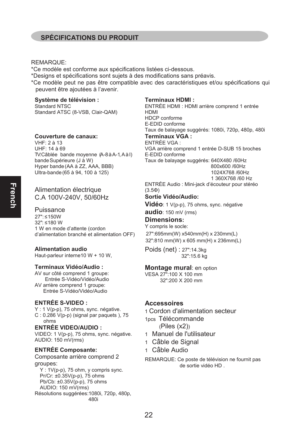 French, Alimentation électrique, Vidéo | Audio, Puissance, Dimensions, Poids (net), Montage mural, Accessoires, Cordon d'alimentation secteur | Envision Peripherals L32W461 User Manual | Page 49 / 79