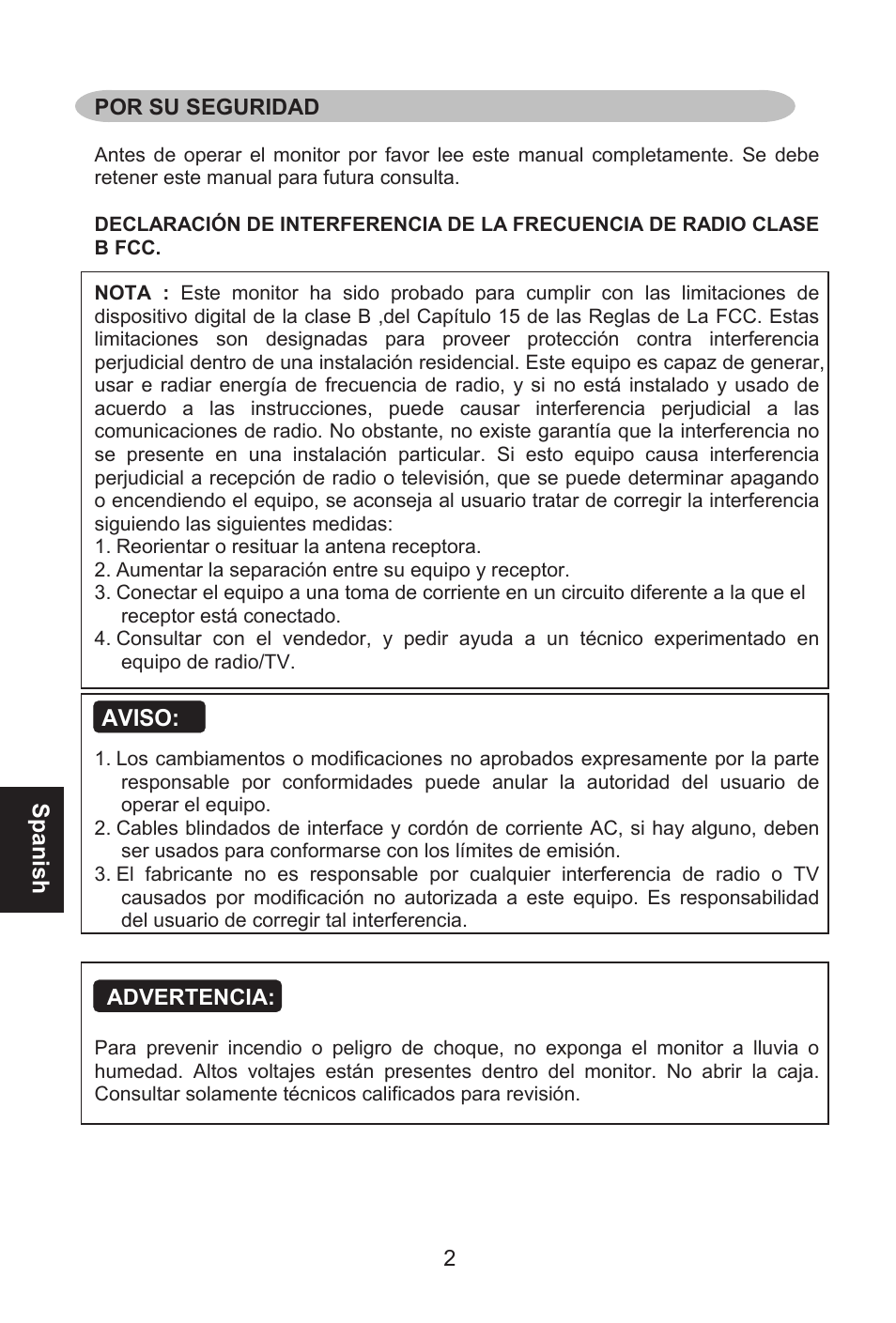 Aviso, Spanish, Advertencia | Por su seguridad | Envision Peripherals L32W461 User Manual | Page 55 / 79