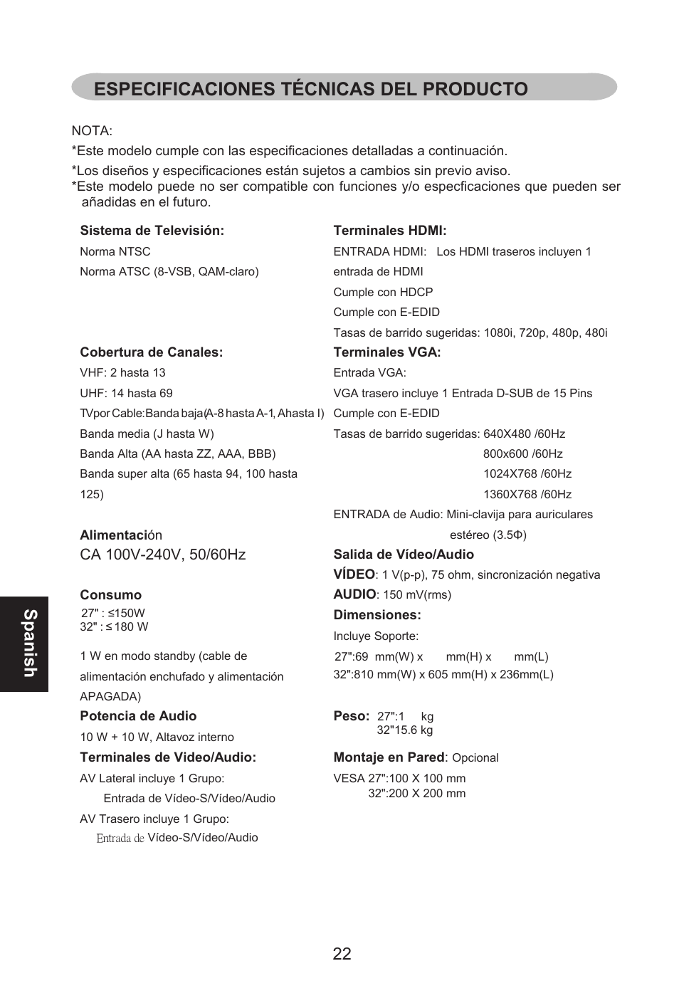 Especificaciones técnicas del producto, Spanish | Envision Peripherals L32W461 User Manual | Page 75 / 79