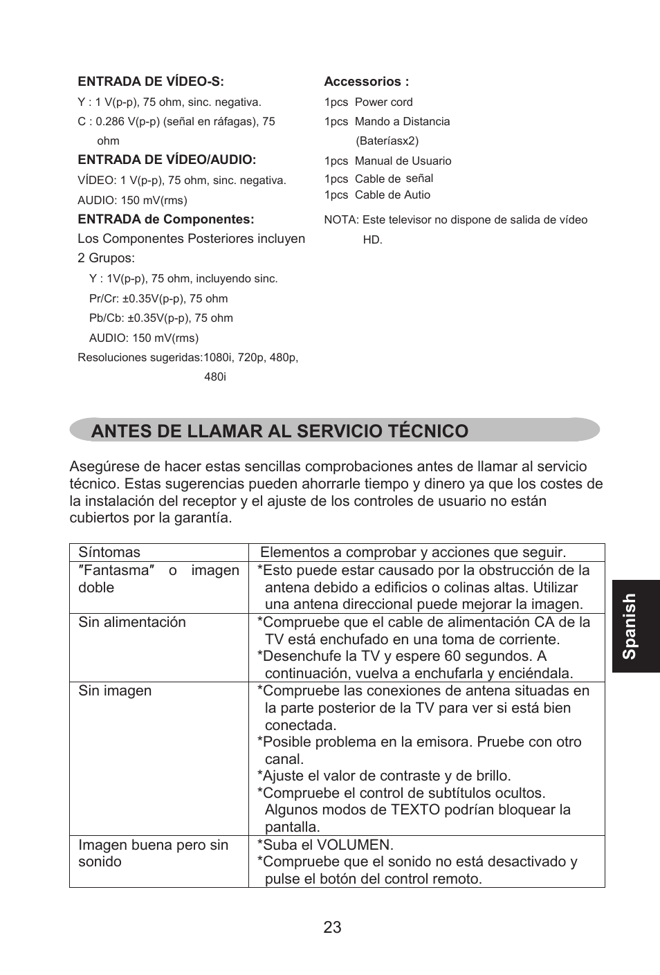 Antes de llamar al servicio técnico, Spanish | Envision Peripherals L32W461 User Manual | Page 76 / 79