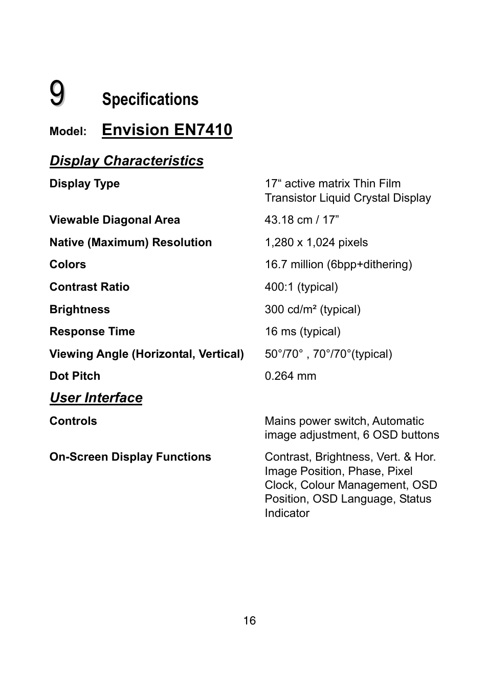 Specifications | Envision Peripherals EN7410 User Manual | Page 24 / 25