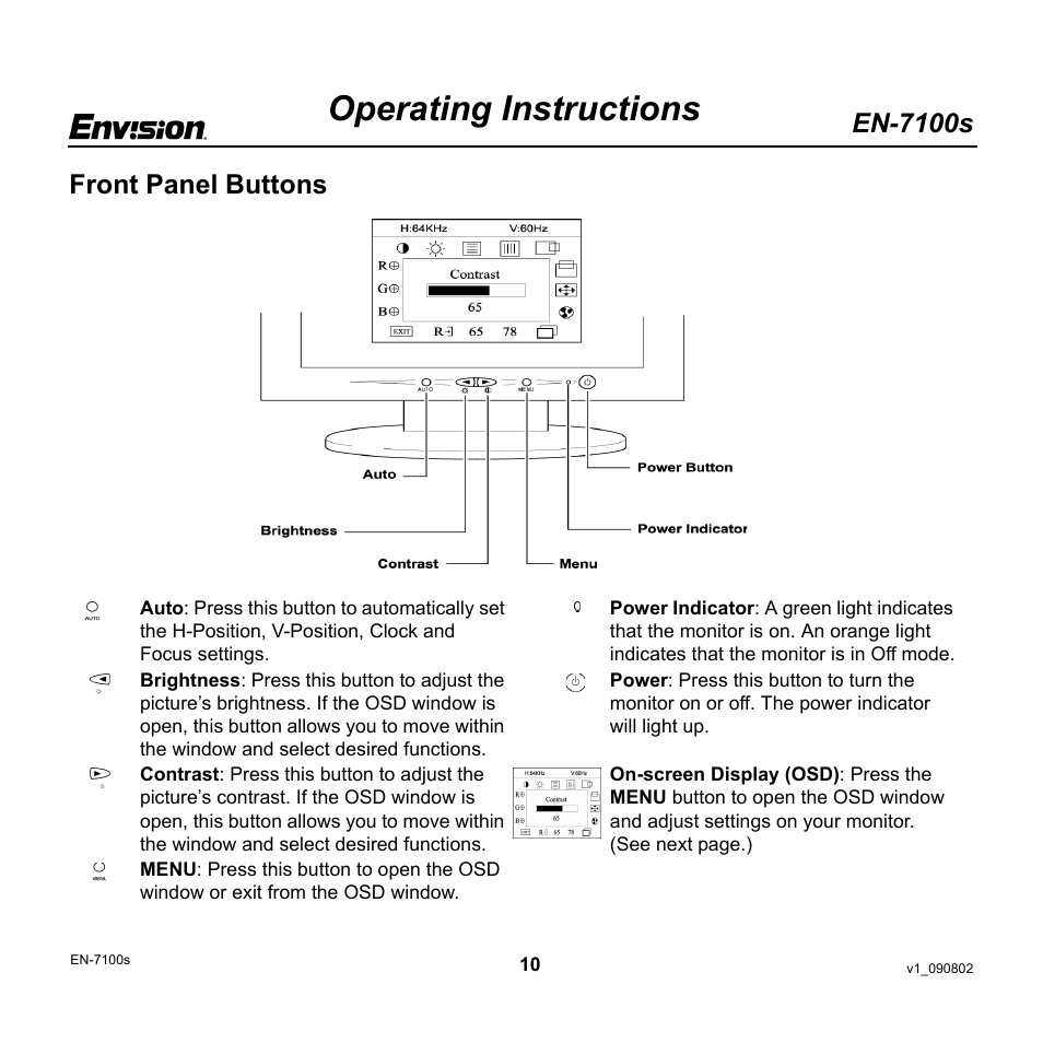 Operating instructions, En-7100s, Front panel buttons | Envision Peripherals EN-7100s User Manual | Page 10 / 19