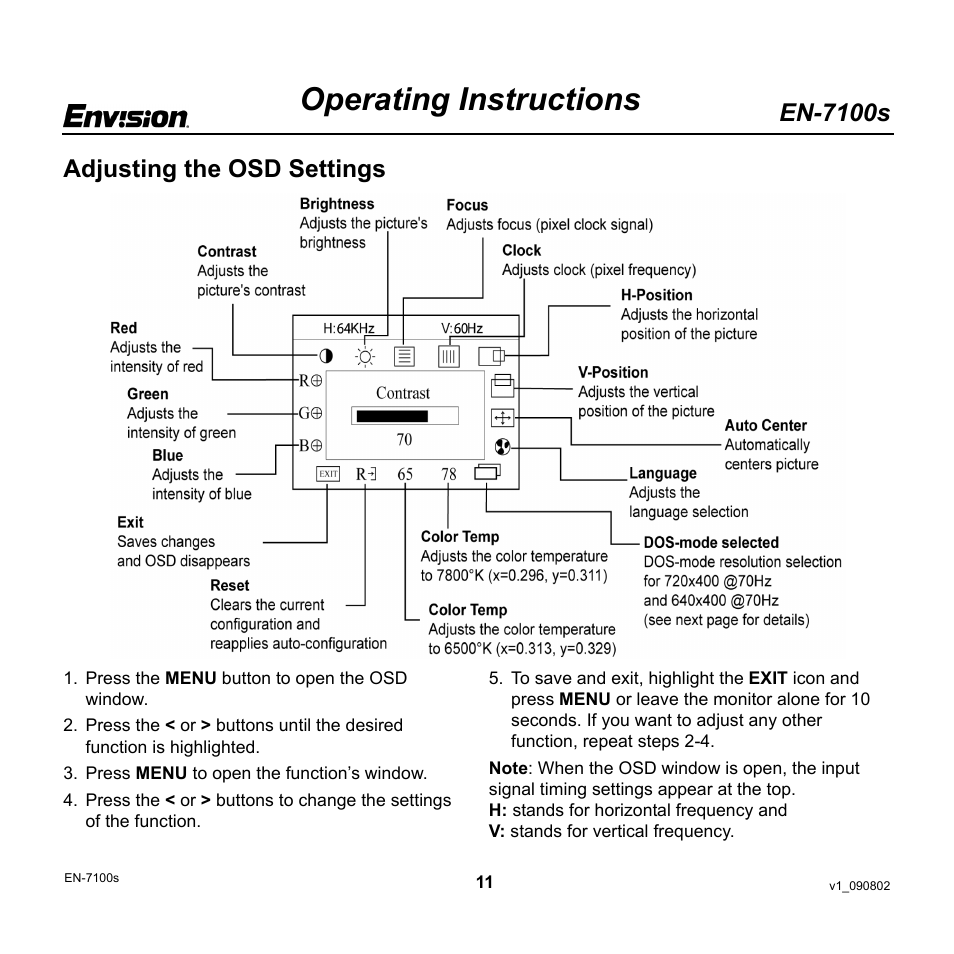 Operating instructions, En-7100s, Adjusting the osd settings | Envision Peripherals EN-7100s User Manual | Page 11 / 19