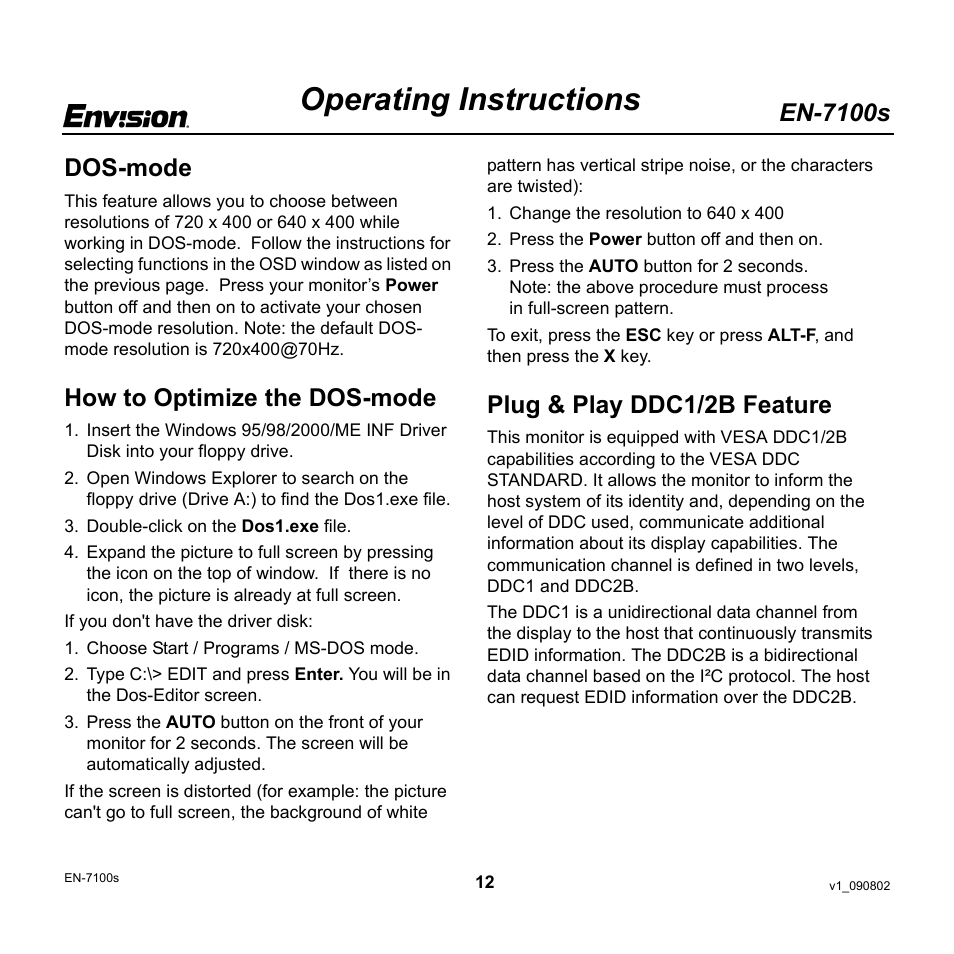 Operating instructions, En-7100s, Dos-mode | How to optimize the dos-mode, Plug & play ddc1/2b feature | Envision Peripherals EN-7100s User Manual | Page 12 / 19
