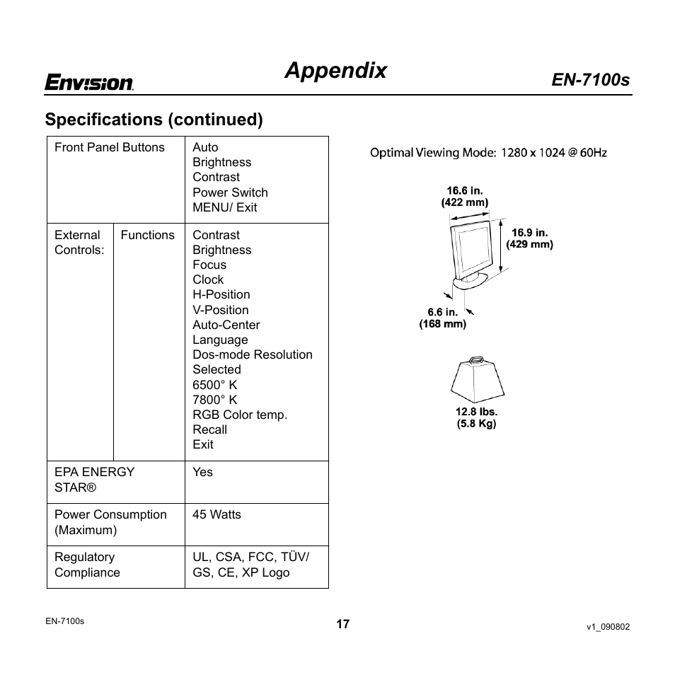 Appendix, En-7100s, Specifications (continued) | Envision Peripherals EN-7100s User Manual | Page 17 / 19