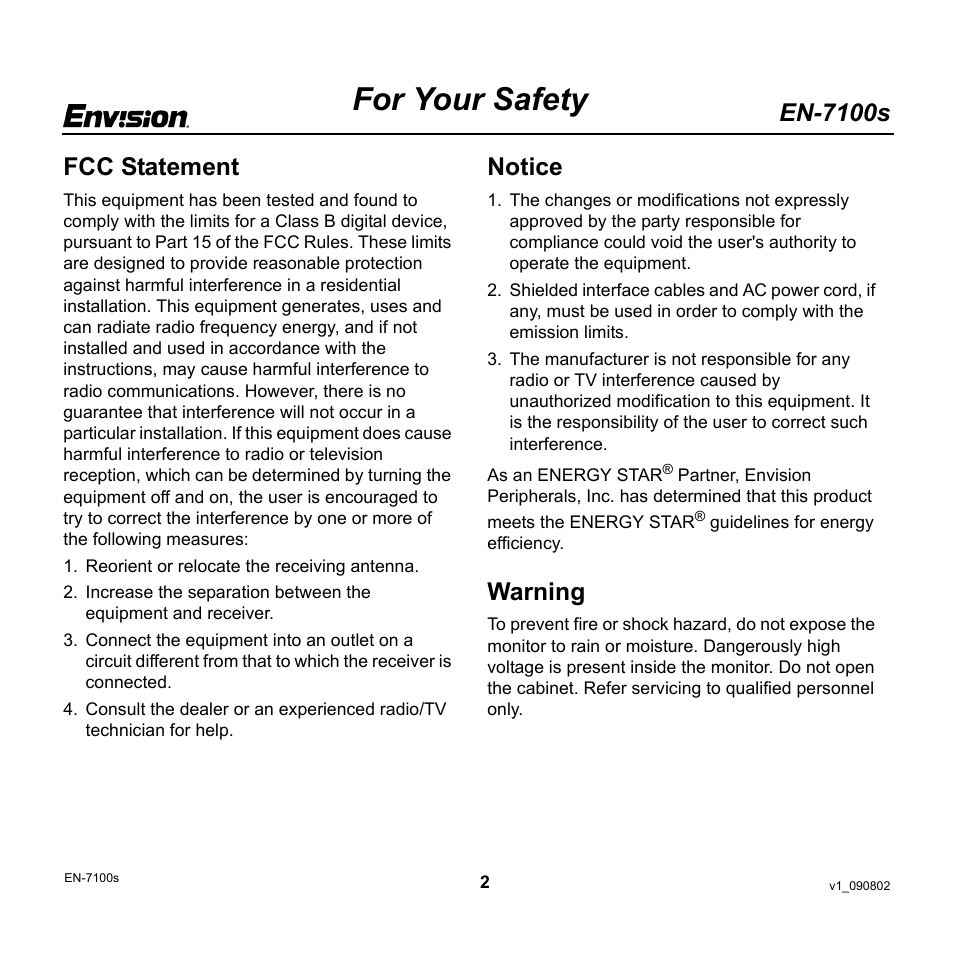For your safety, En-7100s, Fcc statement | Notice, Warning | Envision Peripherals EN-7100s User Manual | Page 2 / 19