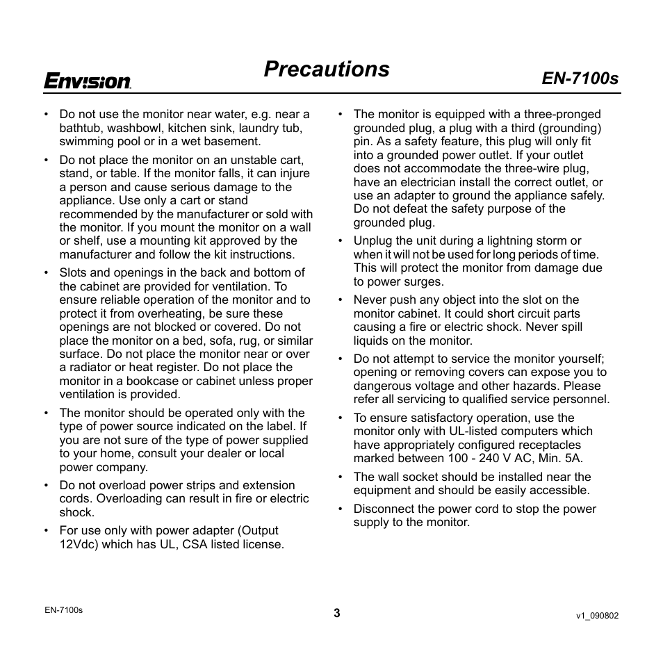 Precautions, En-7100s | Envision Peripherals EN-7100s User Manual | Page 3 / 19