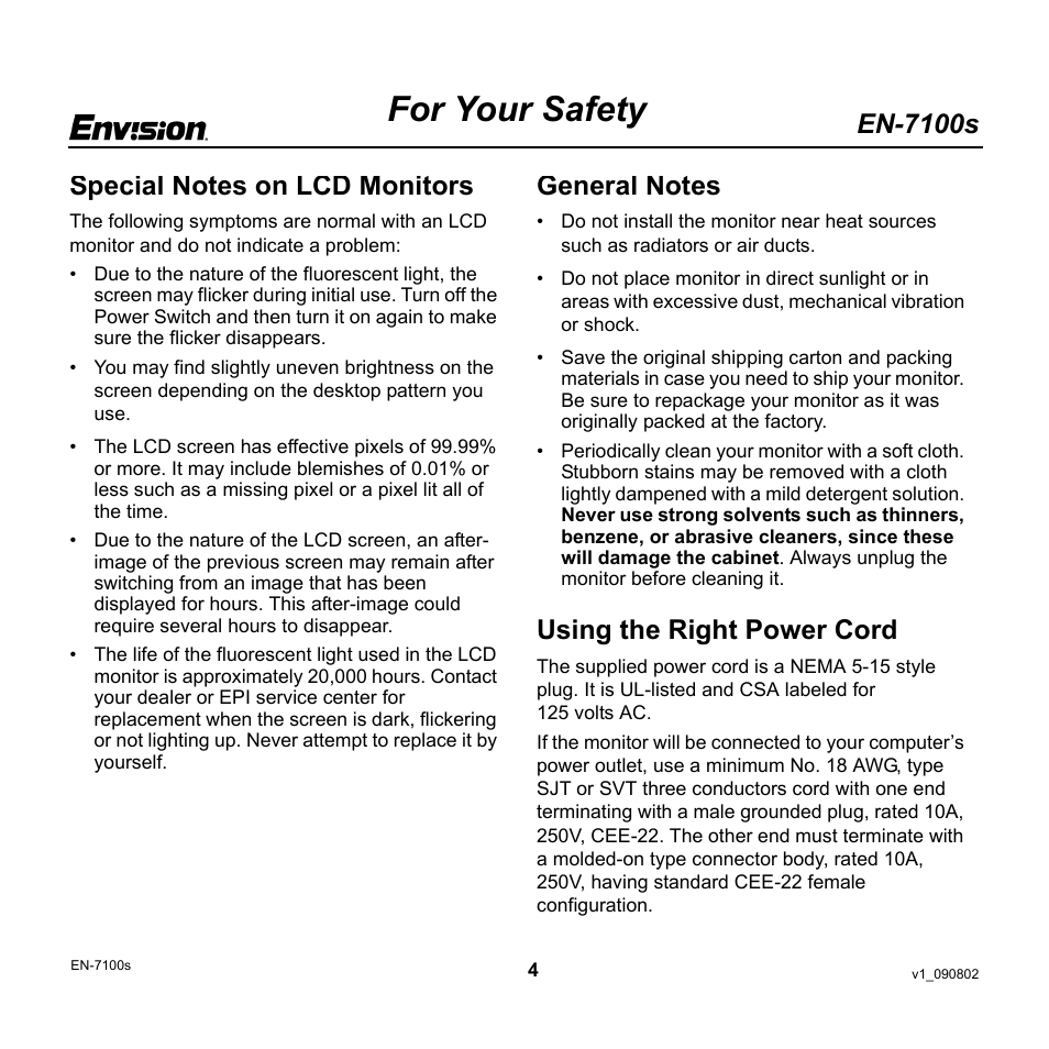 For your safety, En-7100s, Using the right power cord | Envision Peripherals EN-7100s User Manual | Page 4 / 19