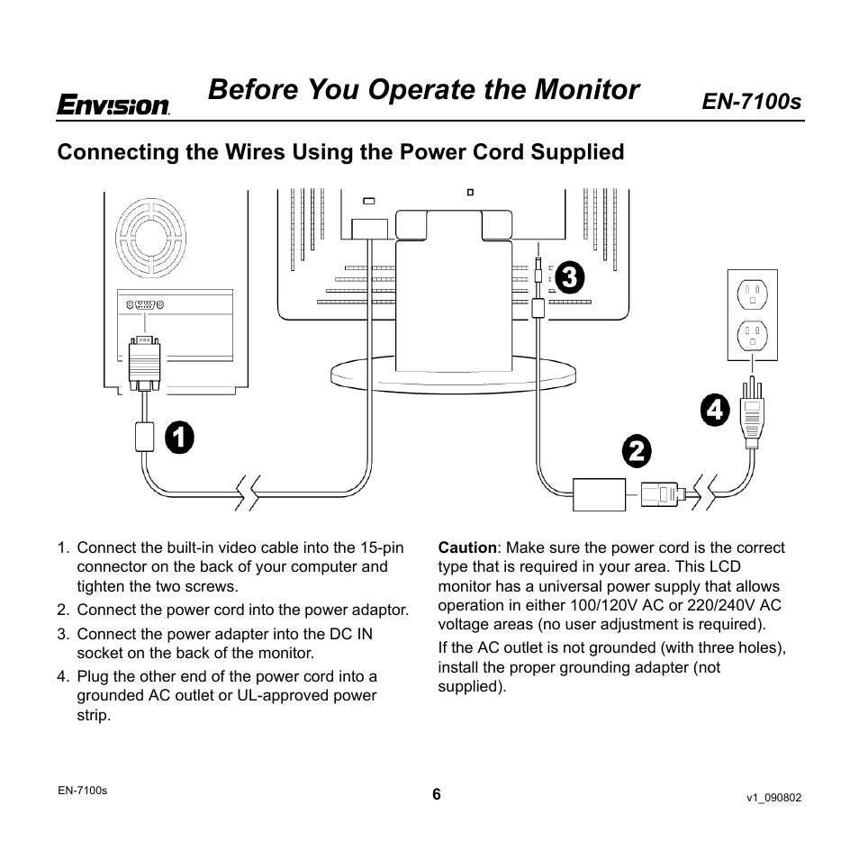 Before you operate the monitor, En-7100s, Connecting the wires using the power cord supplied | Envision Peripherals EN-7100s User Manual | Page 6 / 19