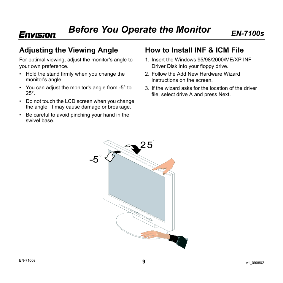 Before you operate the monitor, En-7100s, Adjusting the viewing angle | How to install inf & icm file | Envision Peripherals EN-7100s User Manual | Page 9 / 19