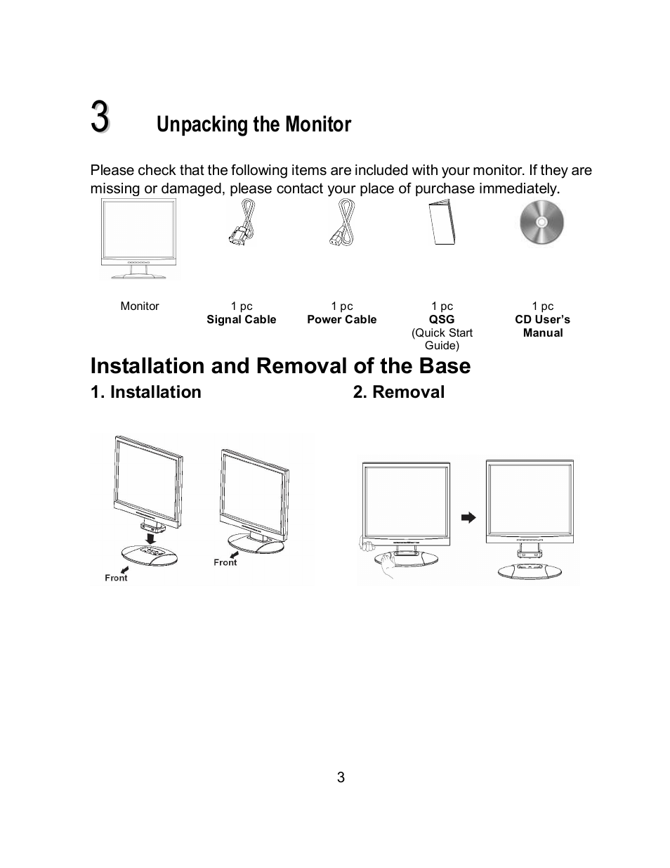 Unpacking the monitor, Installation and removal of the base | Envision Peripherals EN9410e User Manual | Page 11 / 25