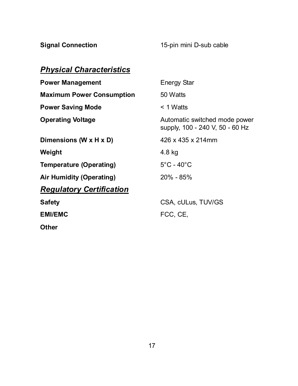 Physical characteristics, Regulatory certification | Envision Peripherals EN9410e User Manual | Page 25 / 25