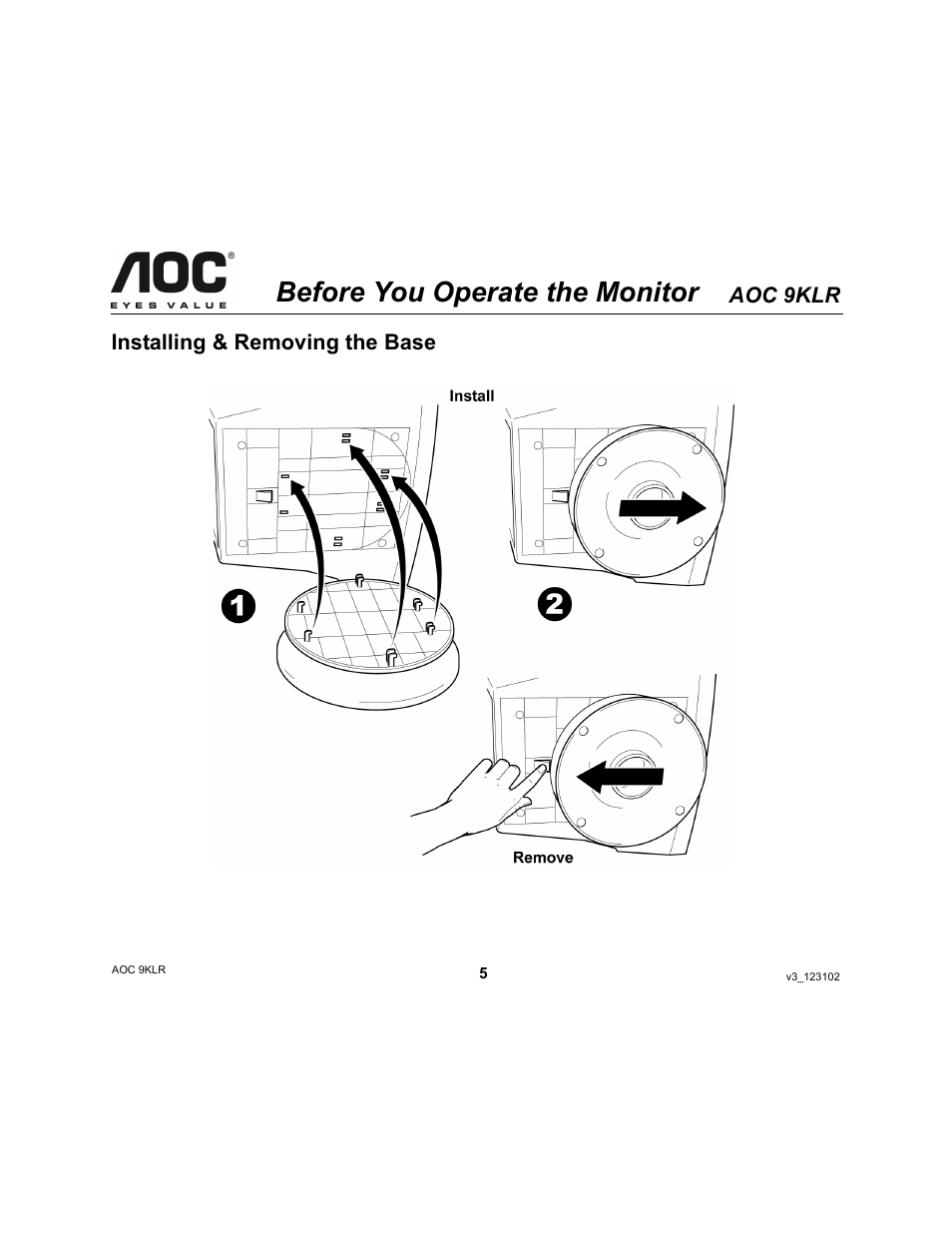Before you operate the monitor, Aoc 9klr, Installing & removing the base | Envision Peripherals AOC 9KLR User Manual | Page 5 / 15