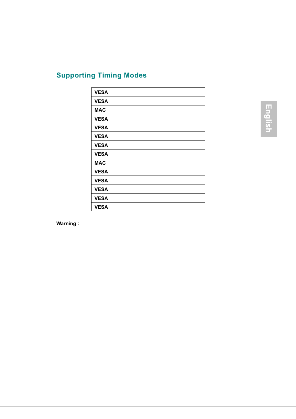 Supporting timing modes, English, Glish | Envision Peripherals H190L User Manual | Page 10 / 73