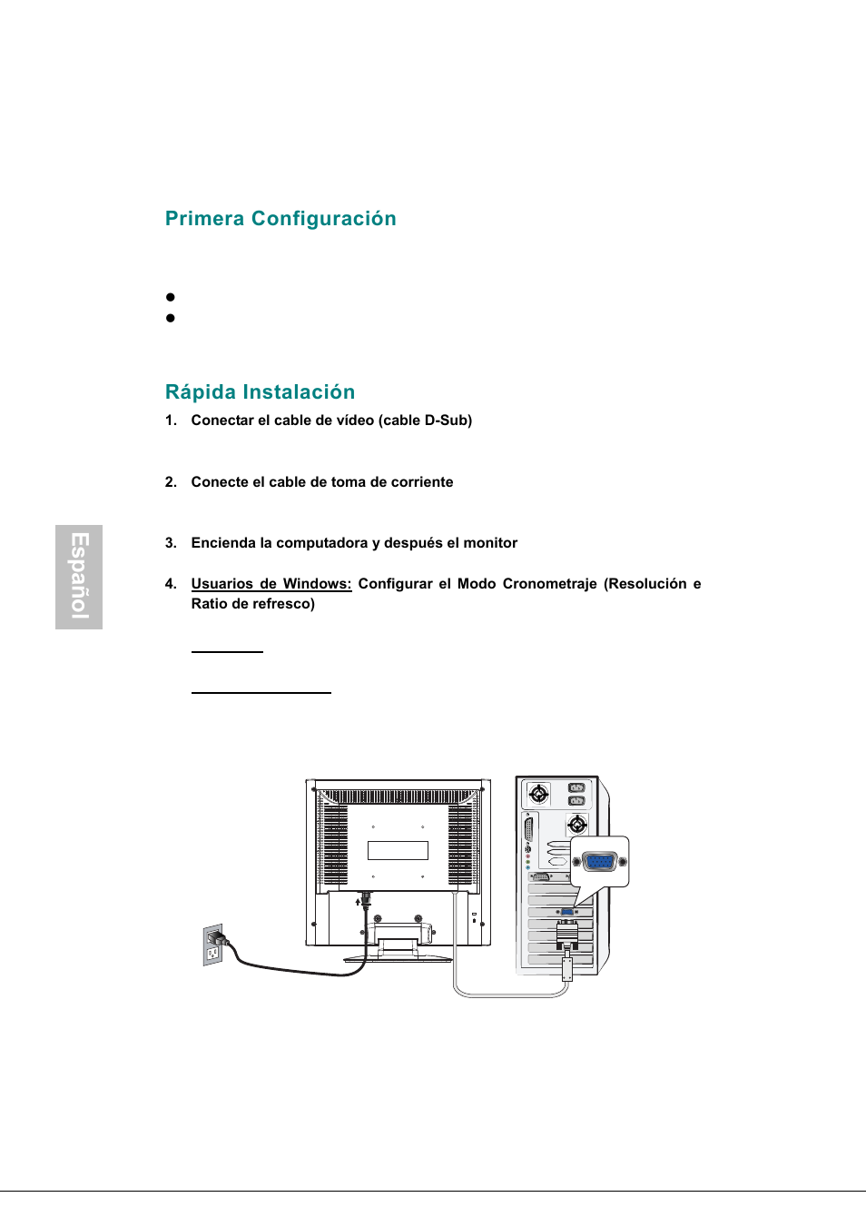 Primera configuración, Rápida instalación, Español | Envision Peripherals H190L User Manual | Page 29 / 73