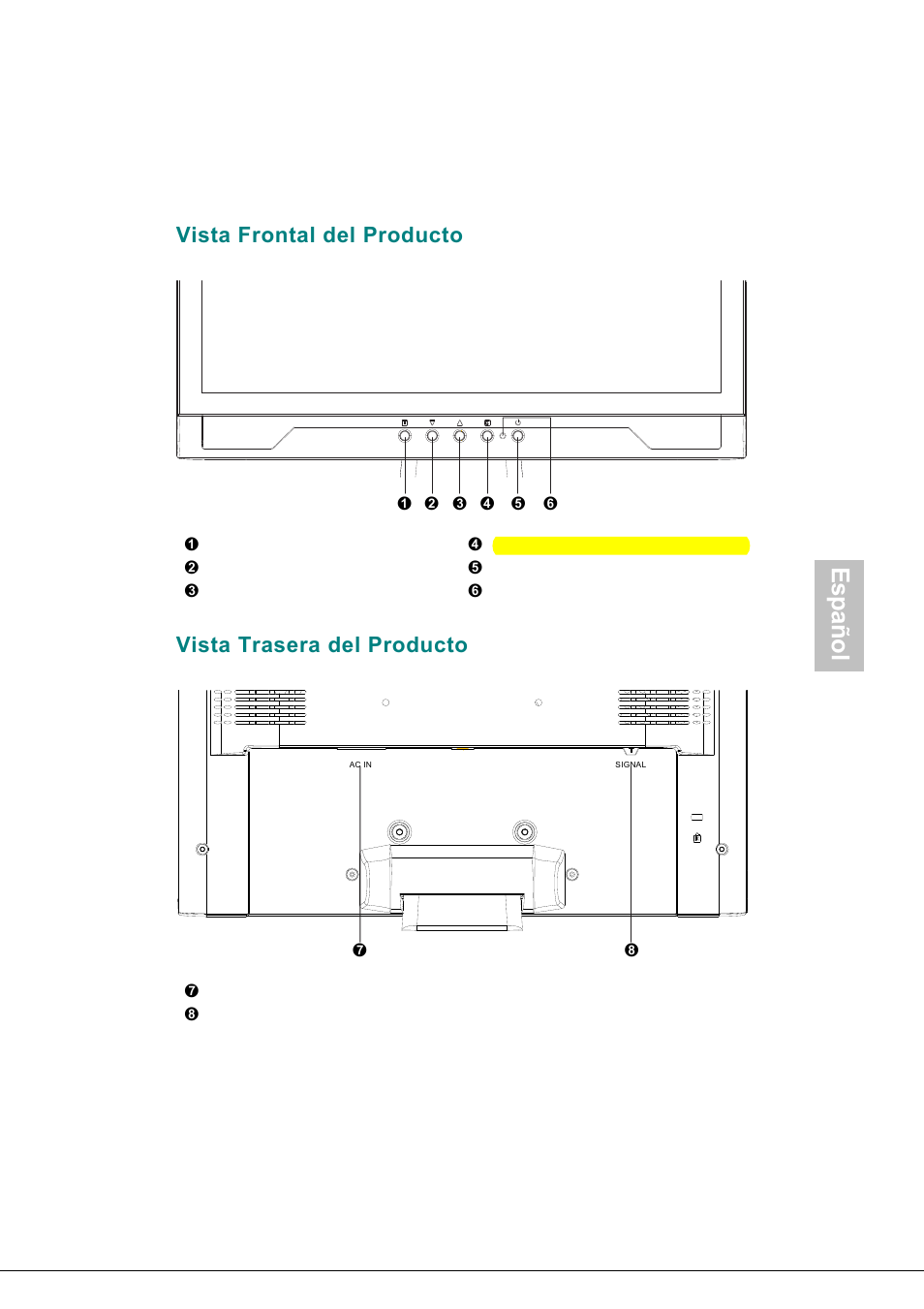 Vista frontal del producto, Vista trasera del producto, Español | Envision Peripherals H190L User Manual | Page 30 / 73