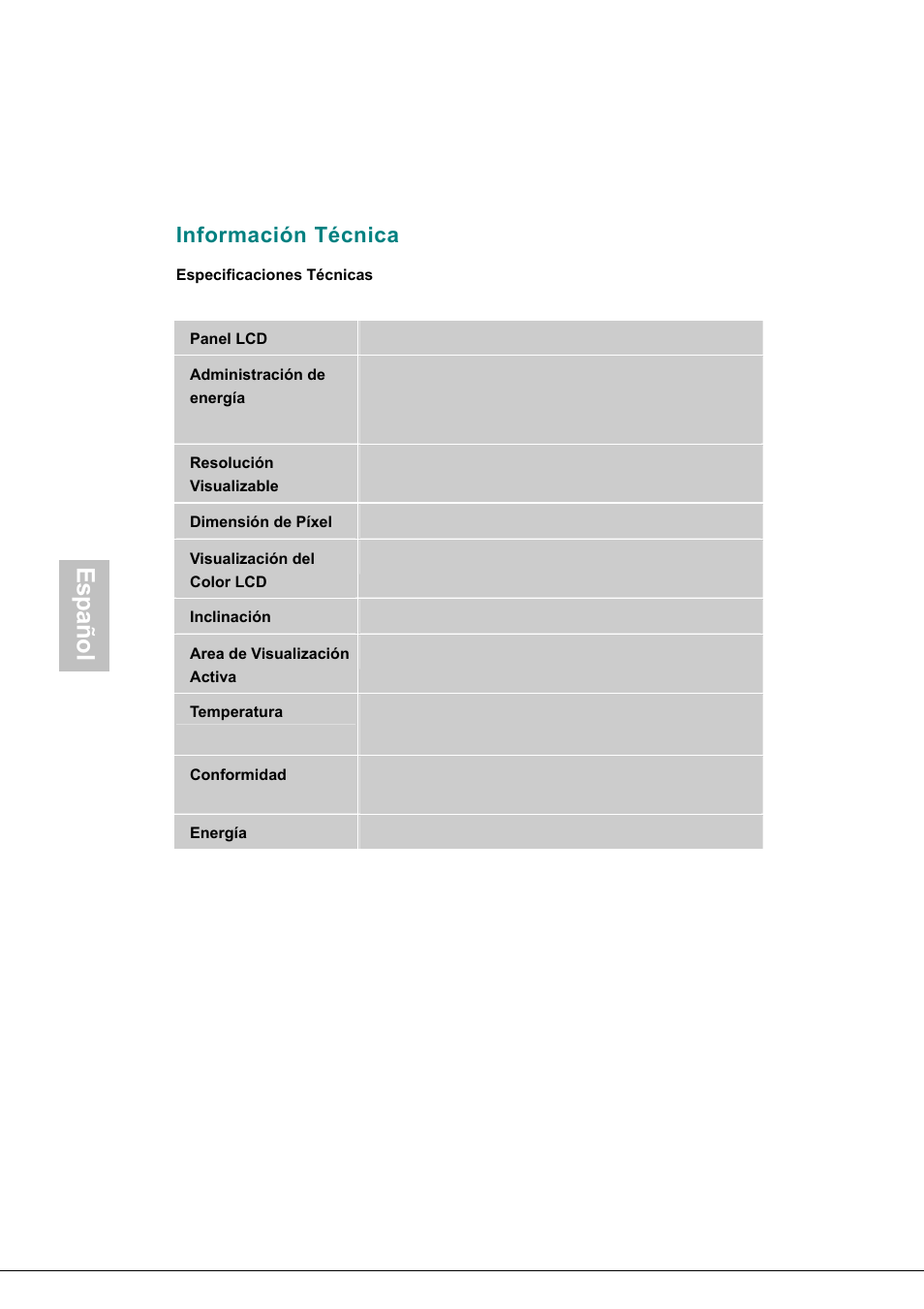 Información técnica, Panel lcd, Administración de energía | Area de visualización activa, Conformidad, Español | Envision Peripherals H190L User Manual | Page 35 / 73