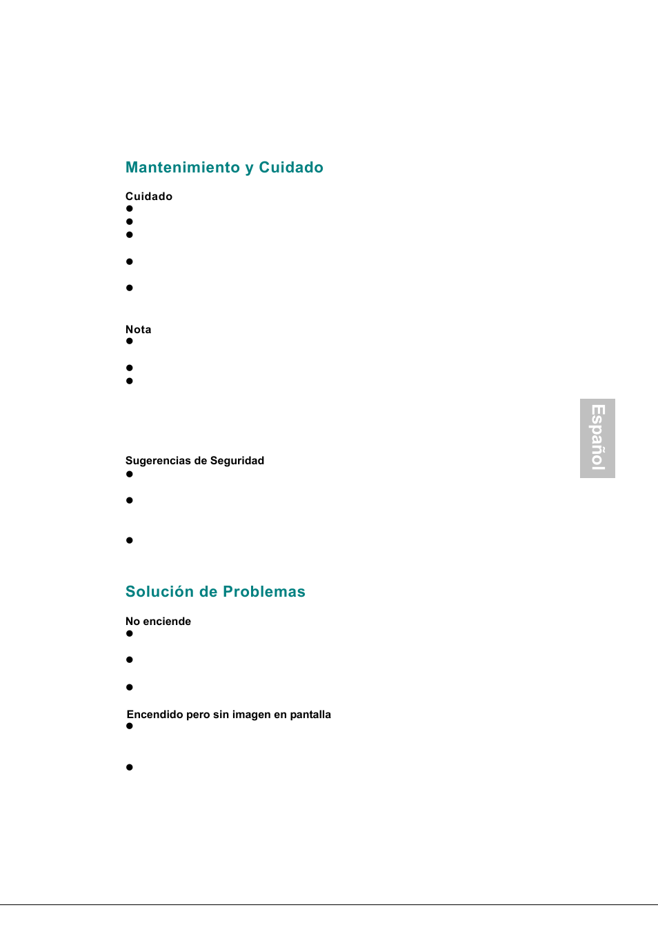 Mantenimiento y cuidado, Cuidado, Nota | Solución de problemas, Español | Envision Peripherals H190L User Manual | Page 36 / 73