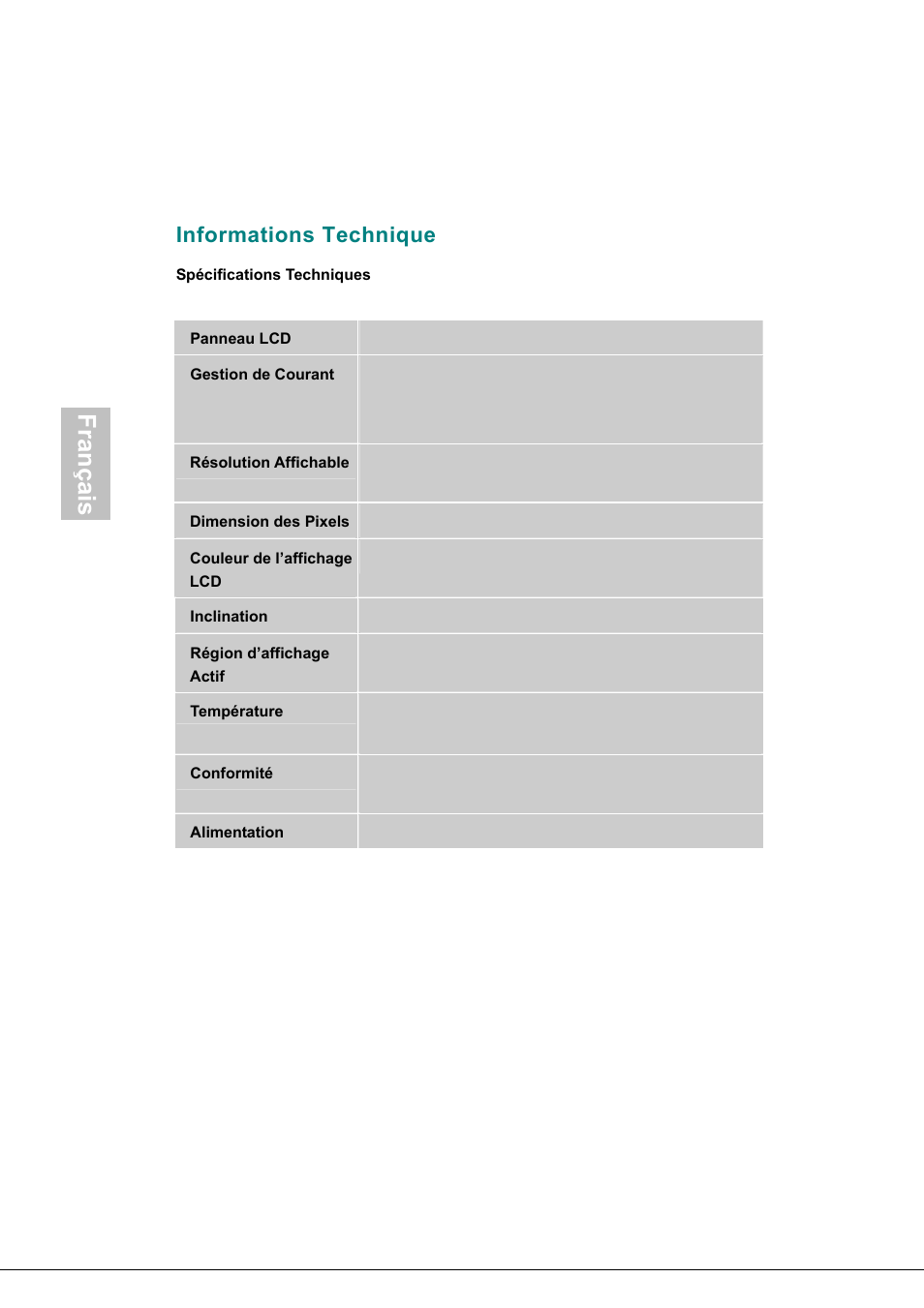 Informations technique, Région d’affichage actif, Conformité | Français | Envision Peripherals H190L User Manual | Page 59 / 73