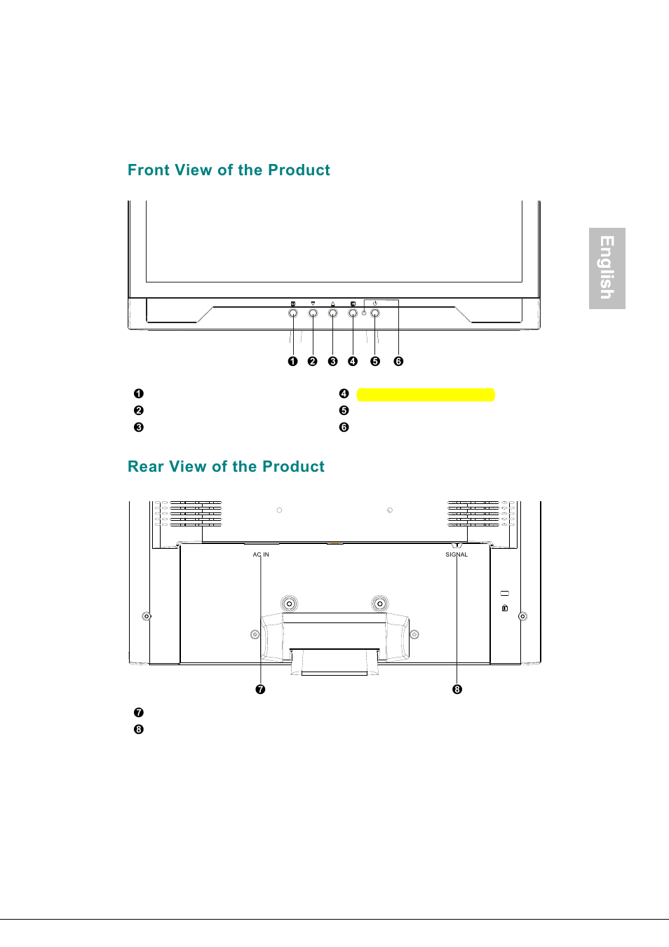 Front view of the product, Rear view of the product, English | Glish | Envision Peripherals H190L User Manual | Page 6 / 73