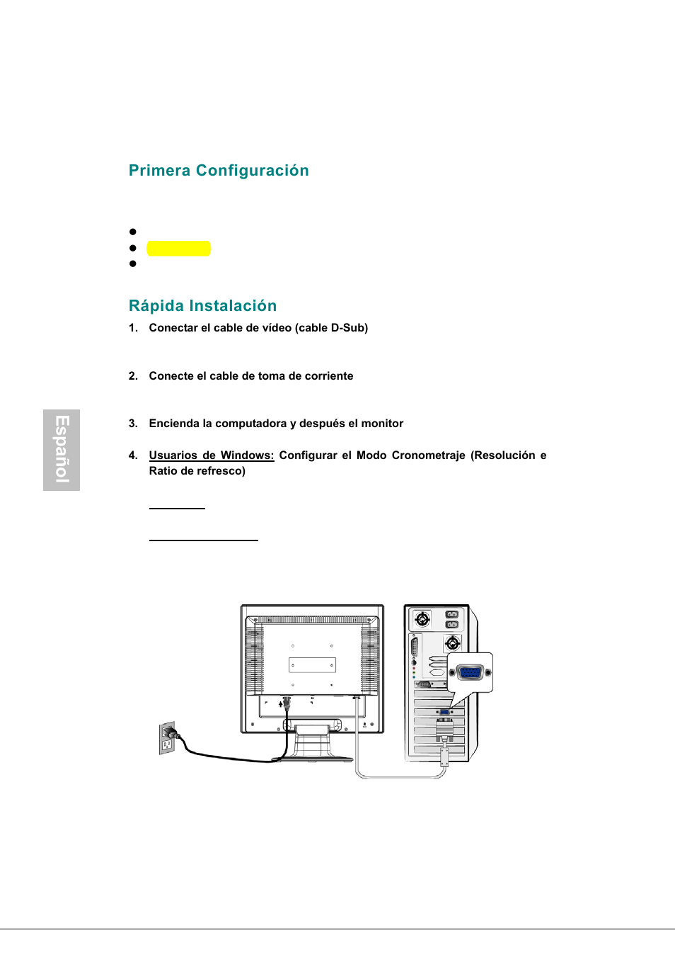 Primera configuración, Rápida instalación, Español | Envision Peripherals H190L User Manual | Page 65 / 73