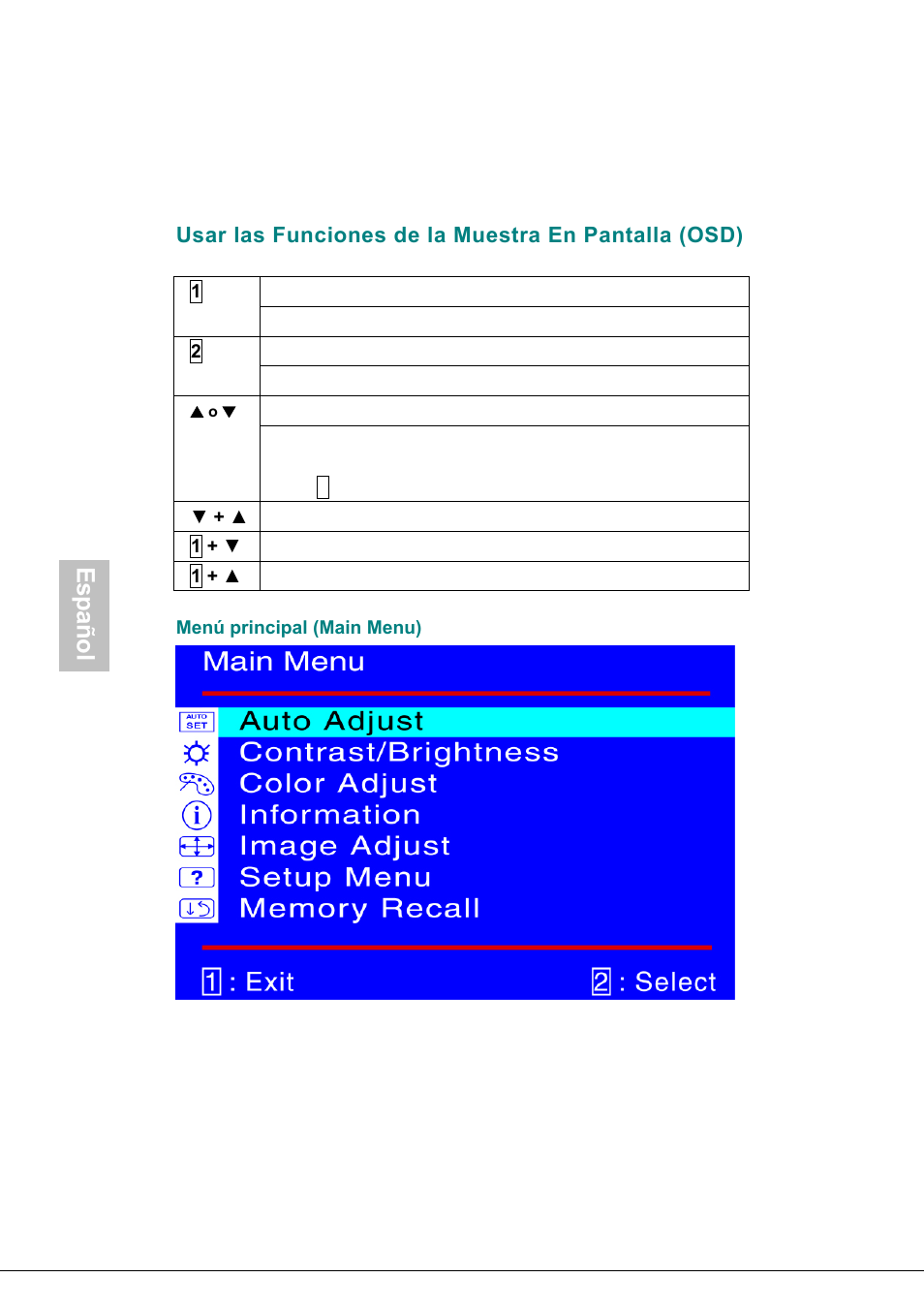 Usar las funciones de la muestra en pantalla (osd), Español | Envision Peripherals H190L User Manual | Page 67 / 73