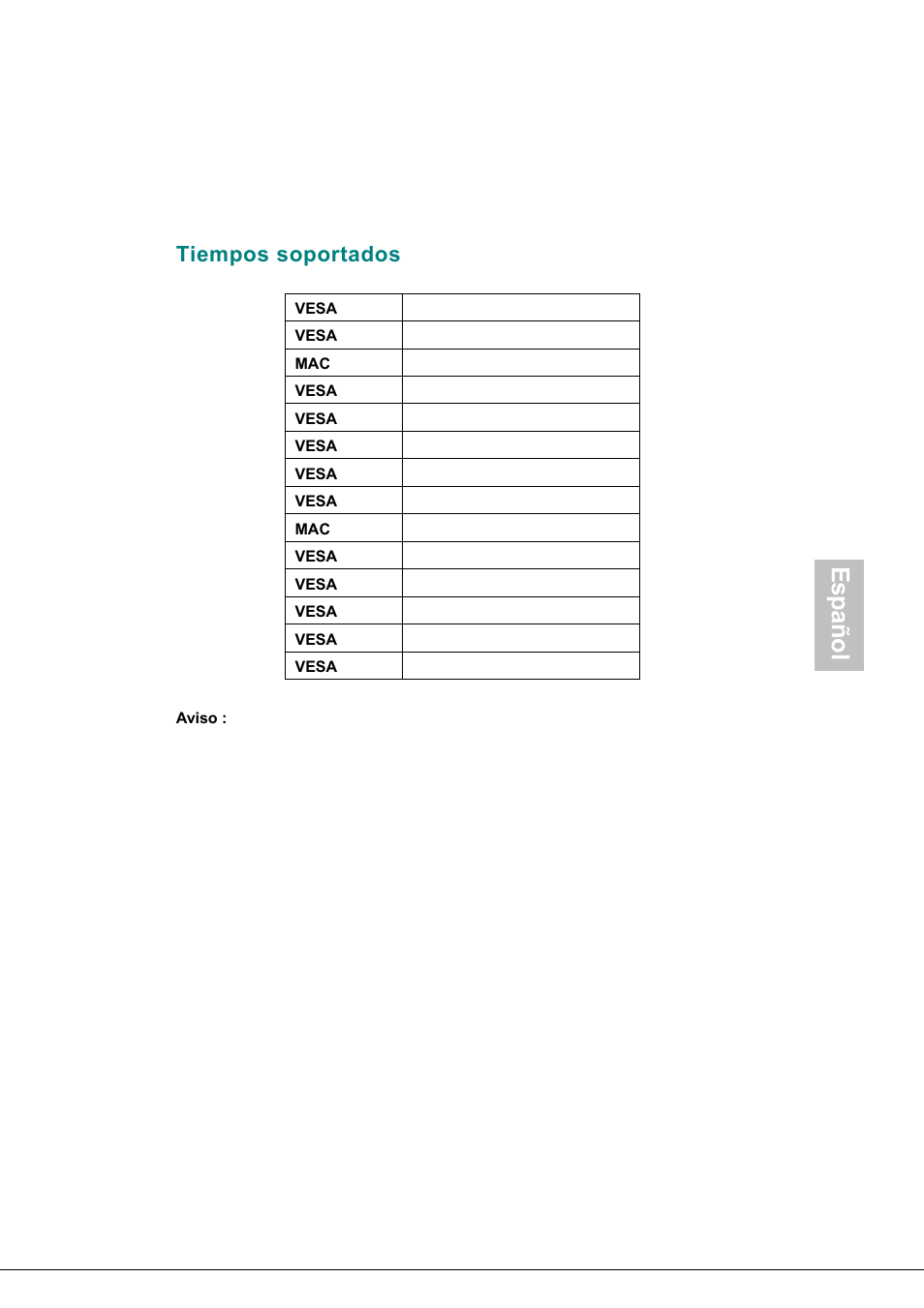 Tiempos soportados, Español | Envision Peripherals H190L User Manual | Page 70 / 73