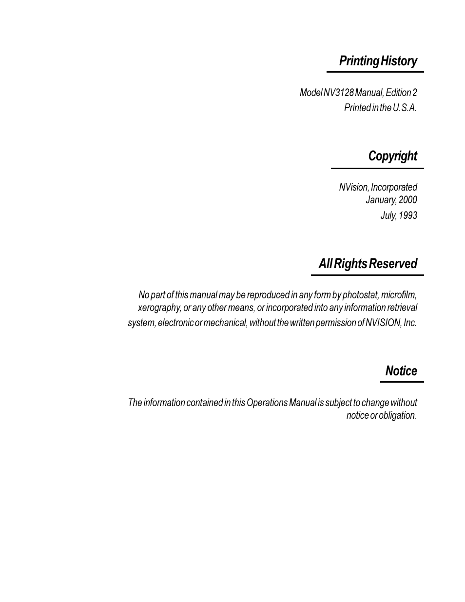 Printing history, Copyright, All rights reserved | Notice | Envision Peripherals NV3128 User Manual | Page 2 / 92