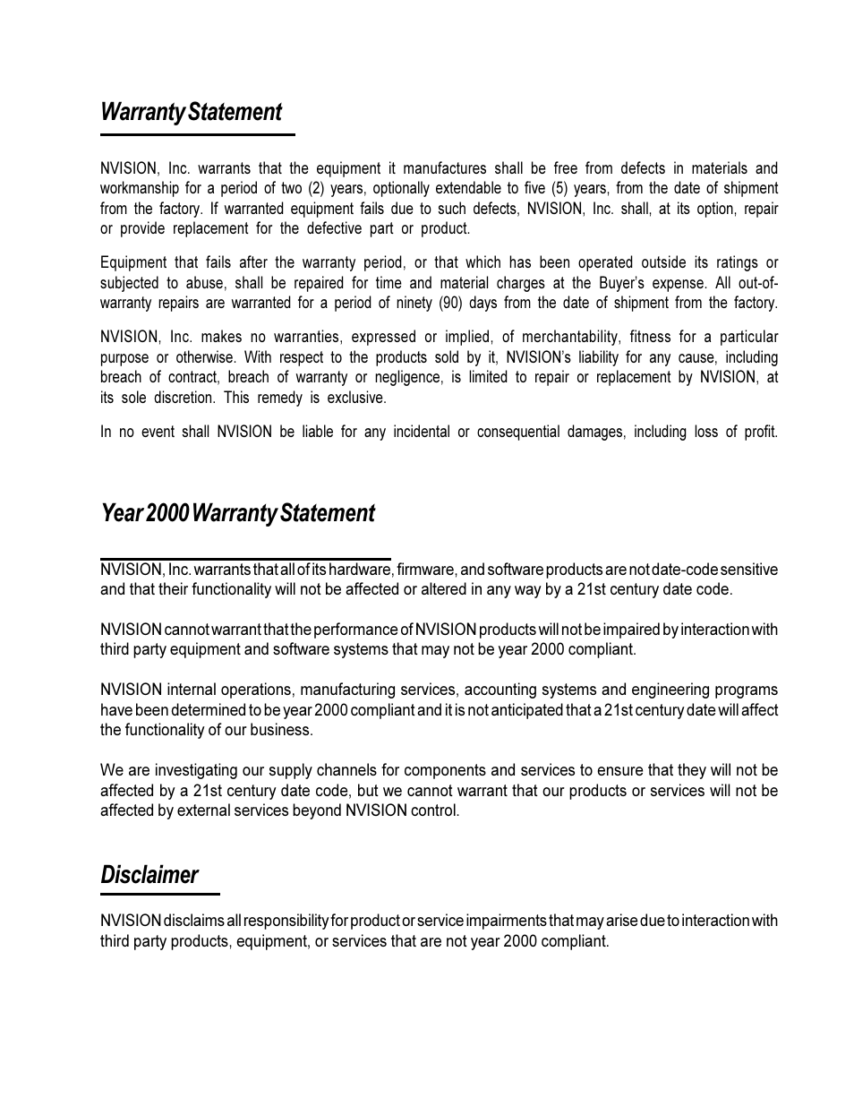 Warranty statement, Year 2000 warranty statement, Disclaimer | Envision Peripherals NV3128 User Manual | Page 3 / 92