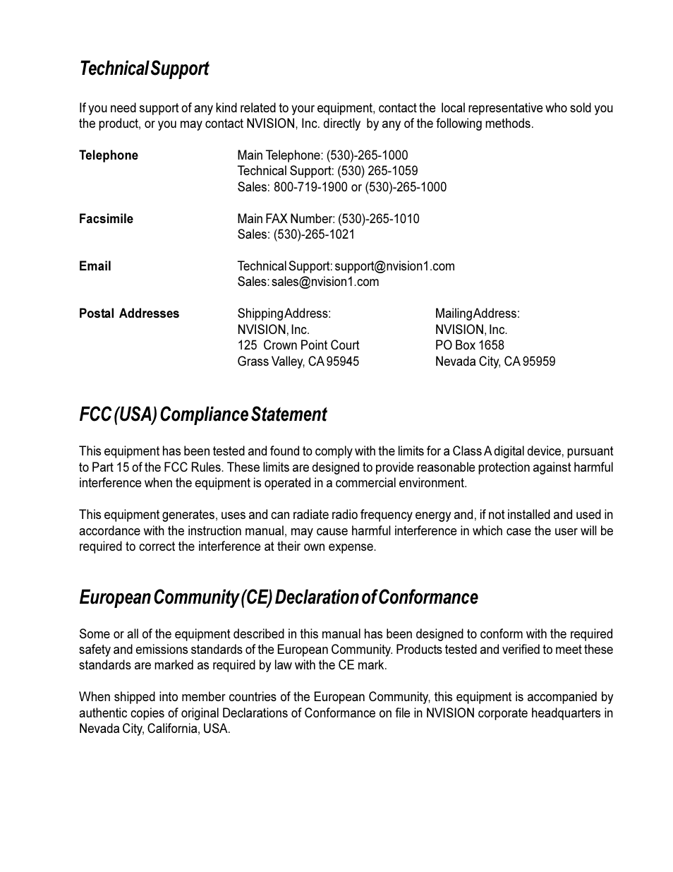 Technical support, Fcc (usa) compliance statement, European community (ce) declaration of conformance | Envision Peripherals NV3128 User Manual | Page 4 / 92