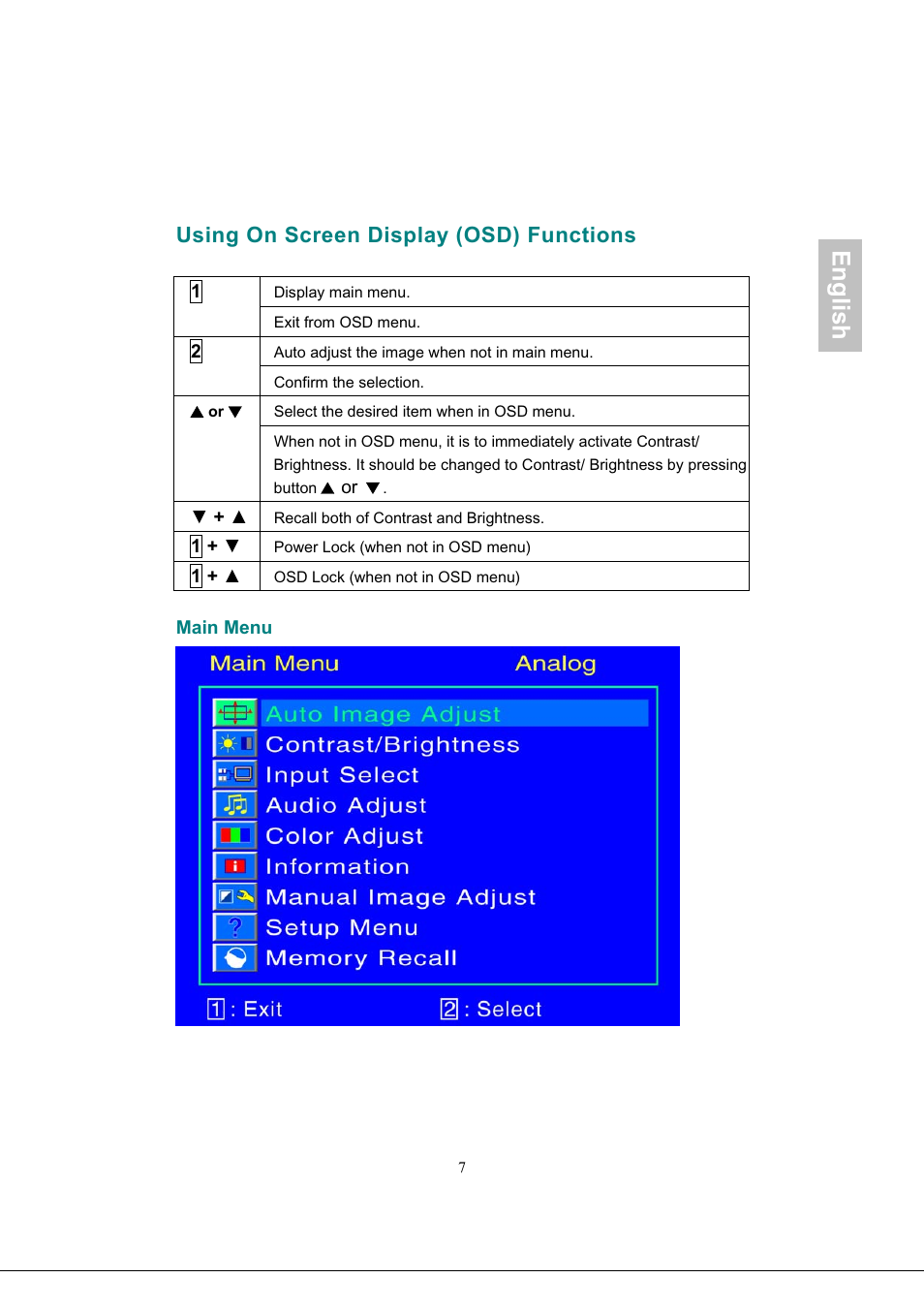 Using on screen display (osd) functions, Main menu, English | Envision Peripherals G218a1 User Manual | Page 10 / 46