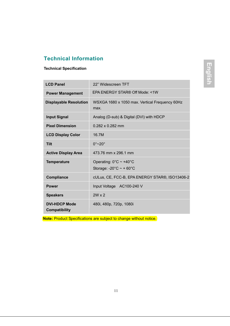 English, Technical information | Envision Peripherals G218a1 User Manual | Page 14 / 46