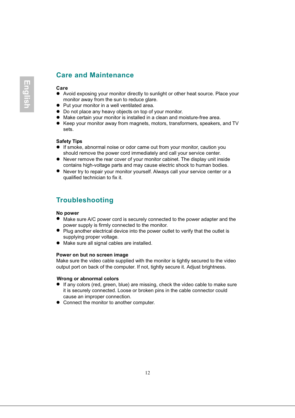 Care and maintenance, Care, Troubleshooting | English | Envision Peripherals G218a1 User Manual | Page 15 / 46