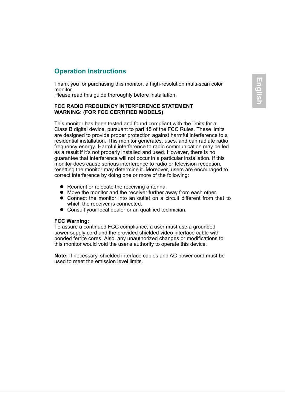 Operation instructions, English | Envision Peripherals G218a1 User Manual | Page 2 / 46